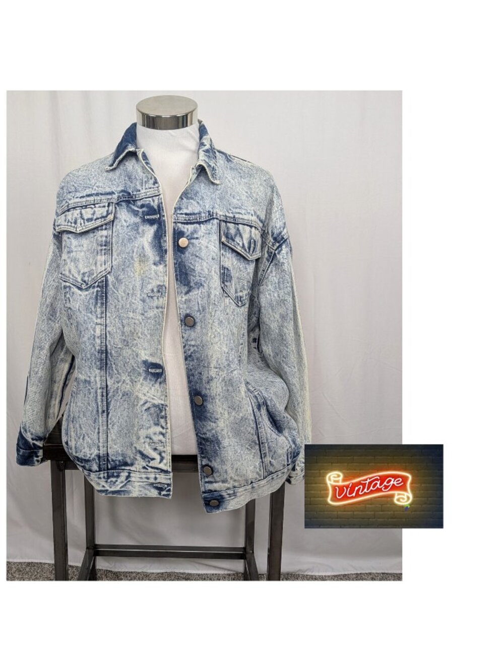 Vintage 80s Acid Wash Jean Jacket Large Bomber